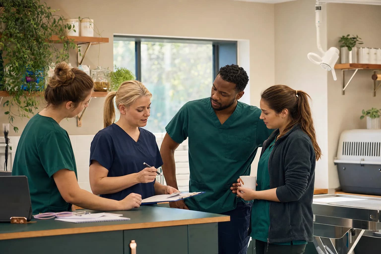 Independent veterinary practice team collaborating in a modern UK animal clinic