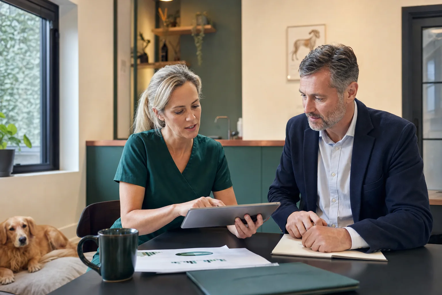 Veterinary practice owner and specialist accountant reviewing financial plans for veterinary practice software accounting in the UK