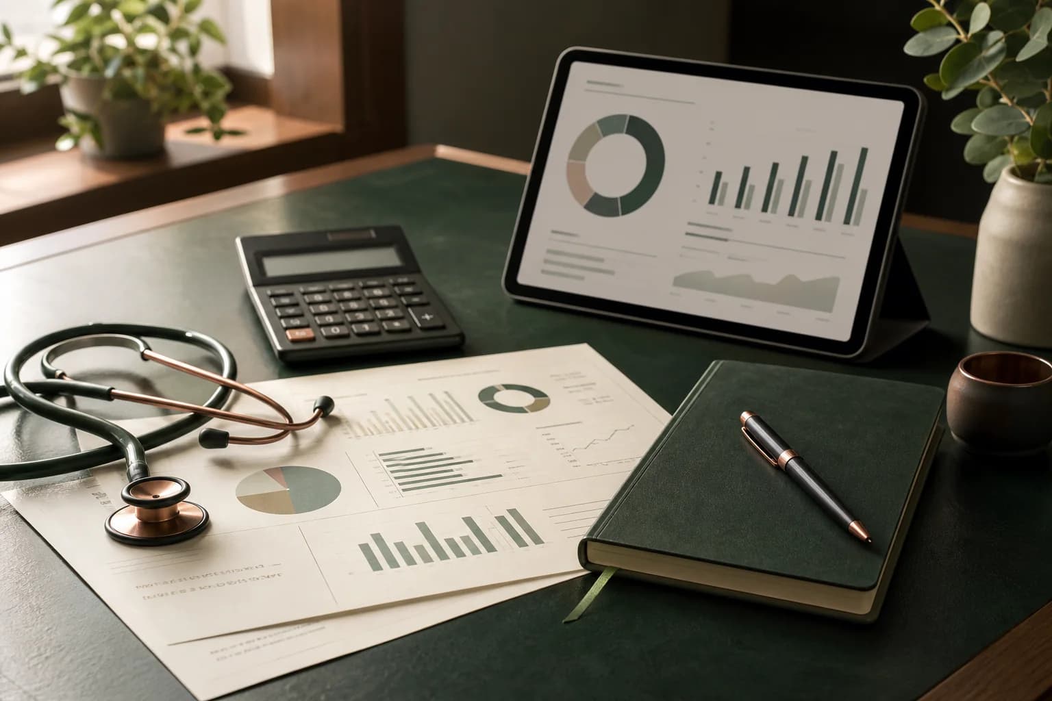Veterinary practice financial planning documents, calculator and stethoscope on a UK clinic office desk
